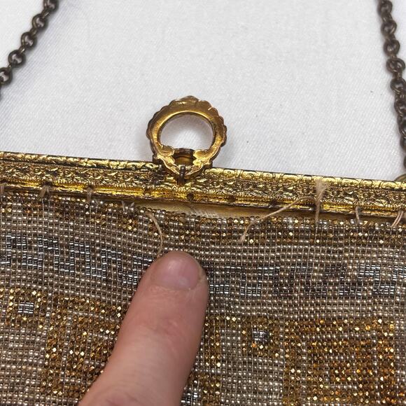 Antique 1900s French Micro-Steel Seed Bead Purse Gold Toned Metal Frame AS IS - Picture 9 of 14